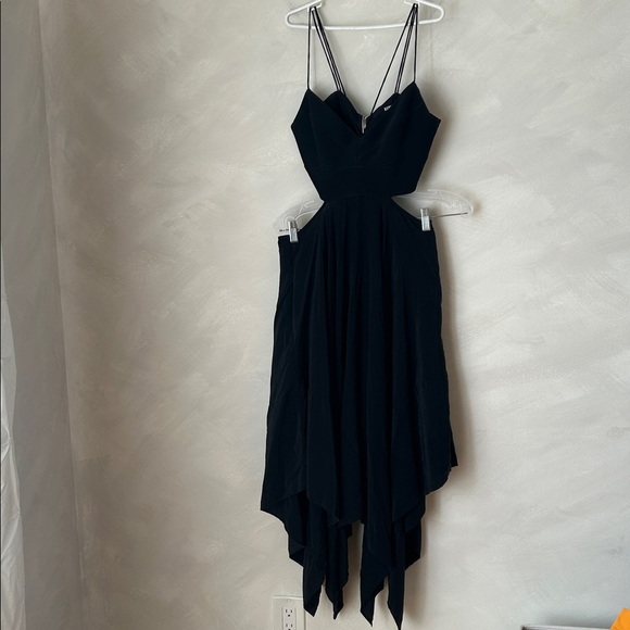 NICHOLAS Black fit & flare cocktail dress, zipper back, asymmetrical hem strappy - Picture 2 of 8
